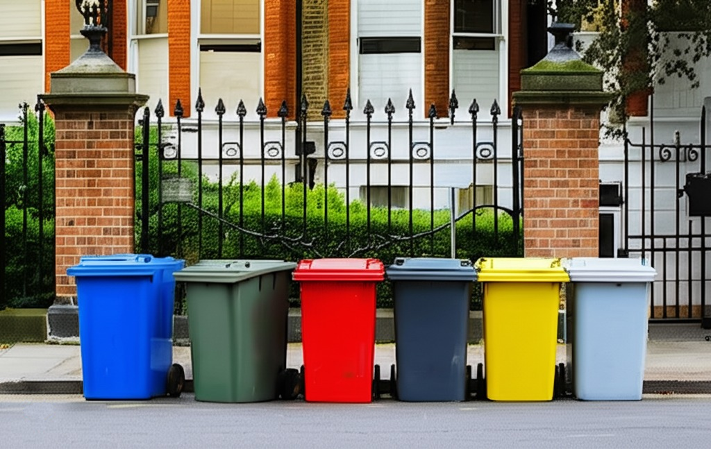 Colorful wheelie bins outside a home in Southend cleaned by Bin 2 Clean