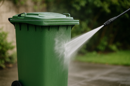 High-pressure water jet cleaning the exterior of a green wheelie bin in Southend.
